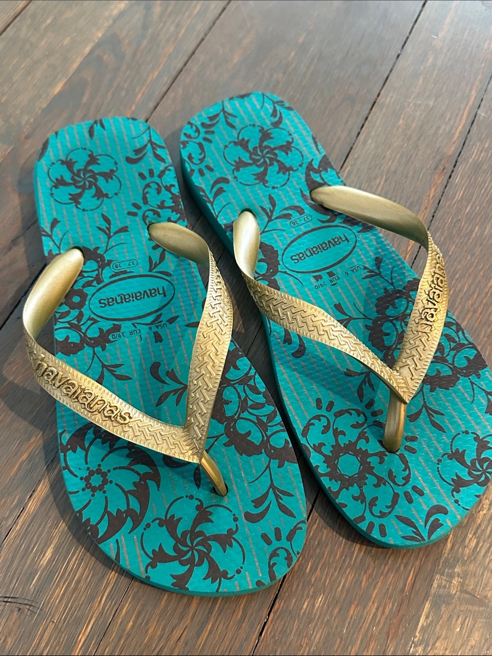 Havaianas Women's Teal Floral Flip Flops with Gold Straps 8